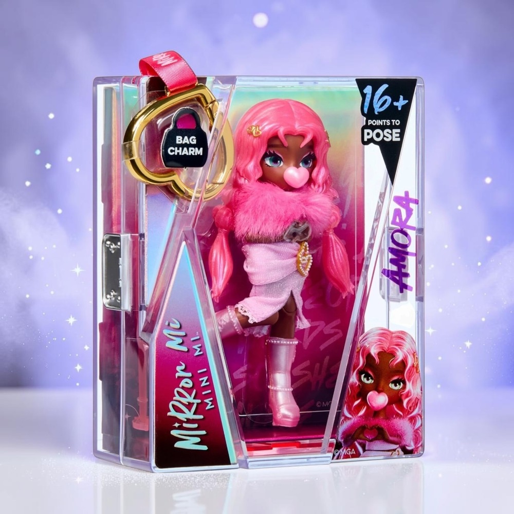 MGA Mirror Me Mini Me Amora Fashion Doll Bag Charm 16+ Points of Pose Pink Hair